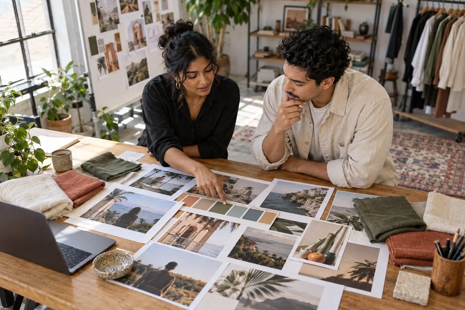 Two independent creators discuss positioning and visual identity beside plain garments and fabric swatches in a studio.
