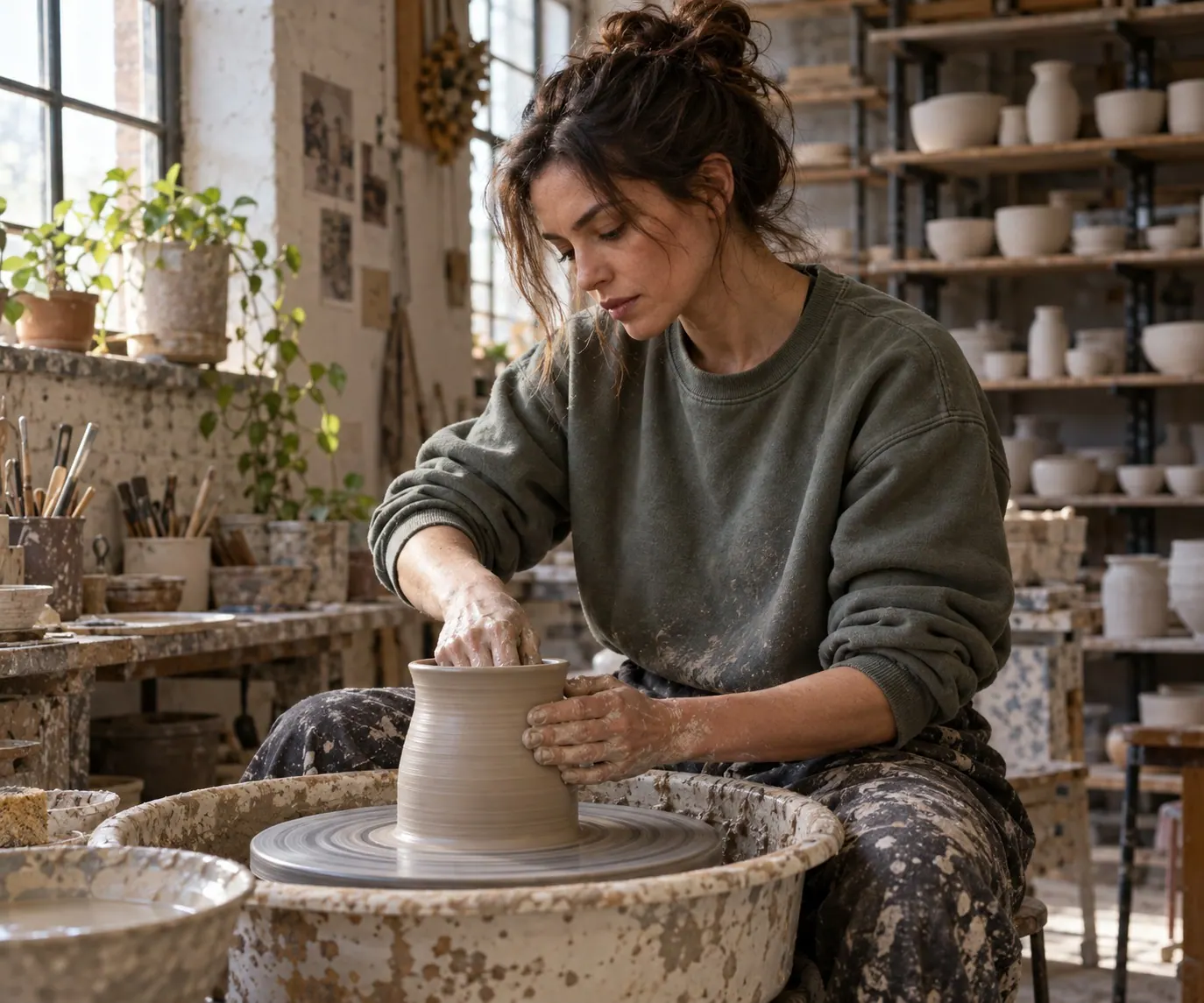A ceramic artist wears a plain heavyweight sweatshirt while working in a pottery studio.