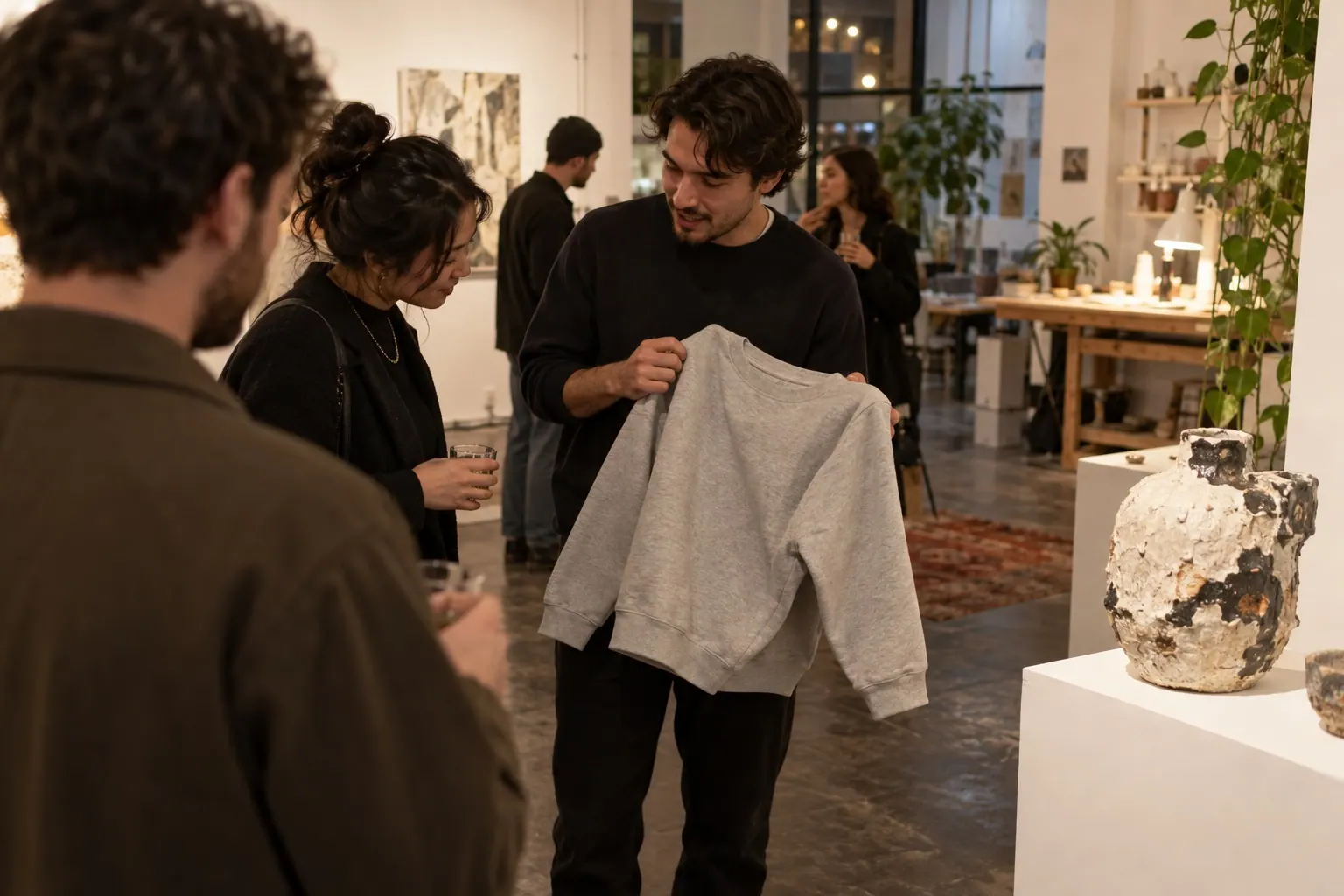 A creator shows a plain crewneck to a few supporters during a small gallery gathering.