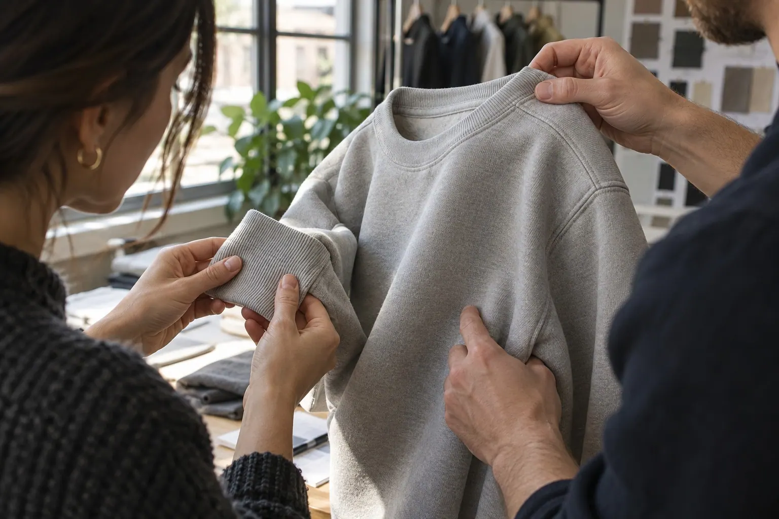 A designer and creator inspect the stitching and fabric of a plain sweatshirt at a worktable.