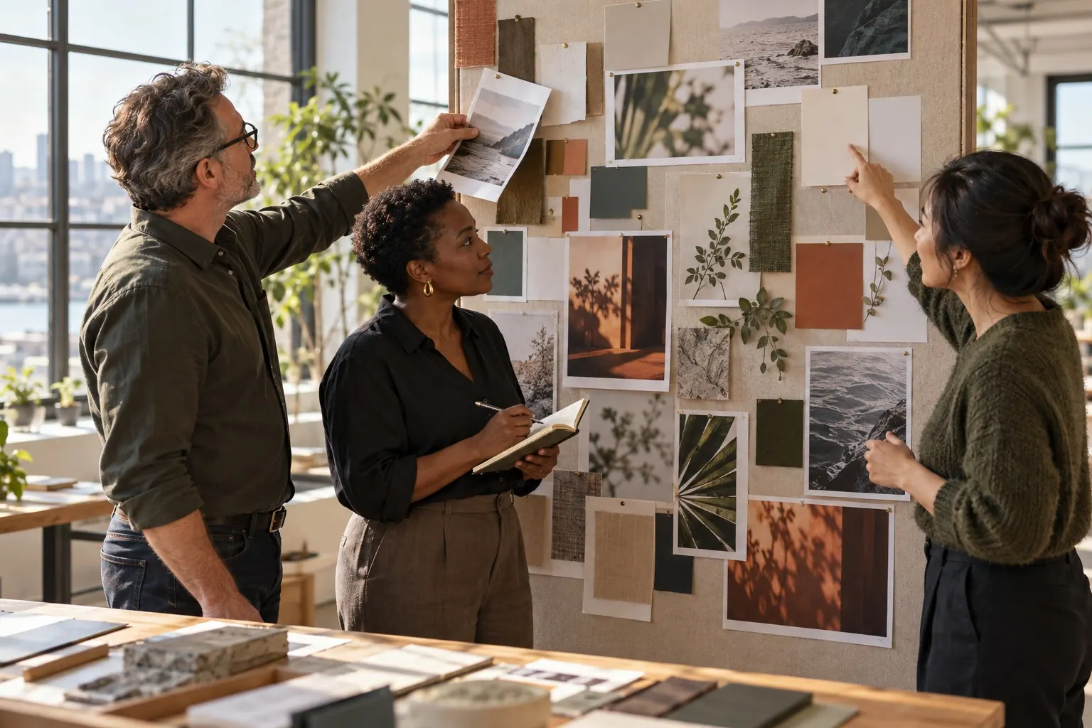 A consultant and clients review brand examples during a quarterly planning session.