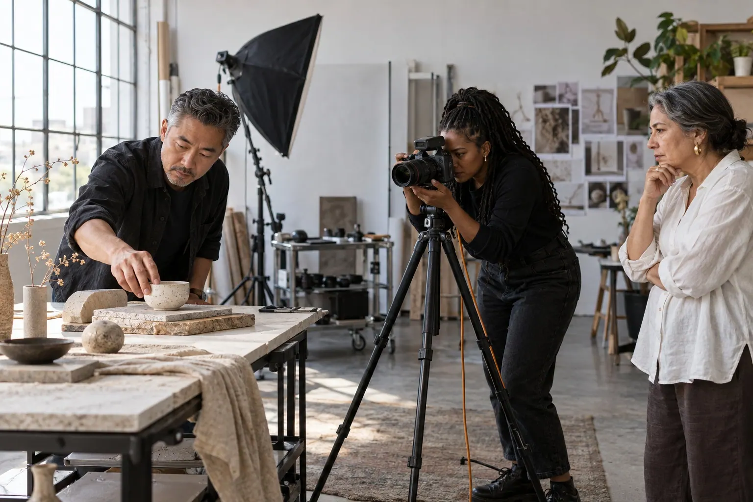 A photographer documents a team reviewing creative materials in a studio.