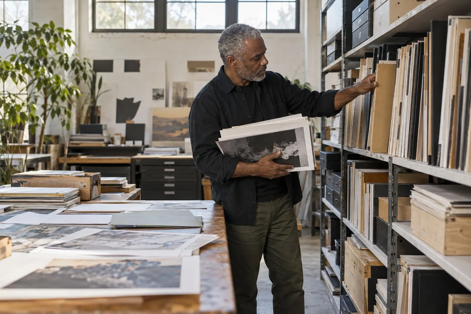 A studio owner reviews printed work in a production workspace.