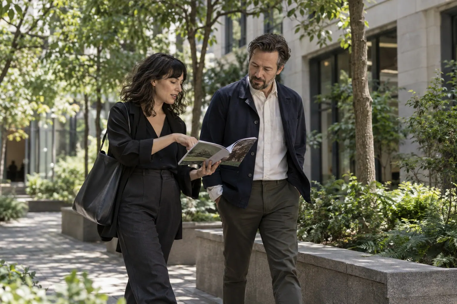 Two colleagues review a project while walking between client meetings.