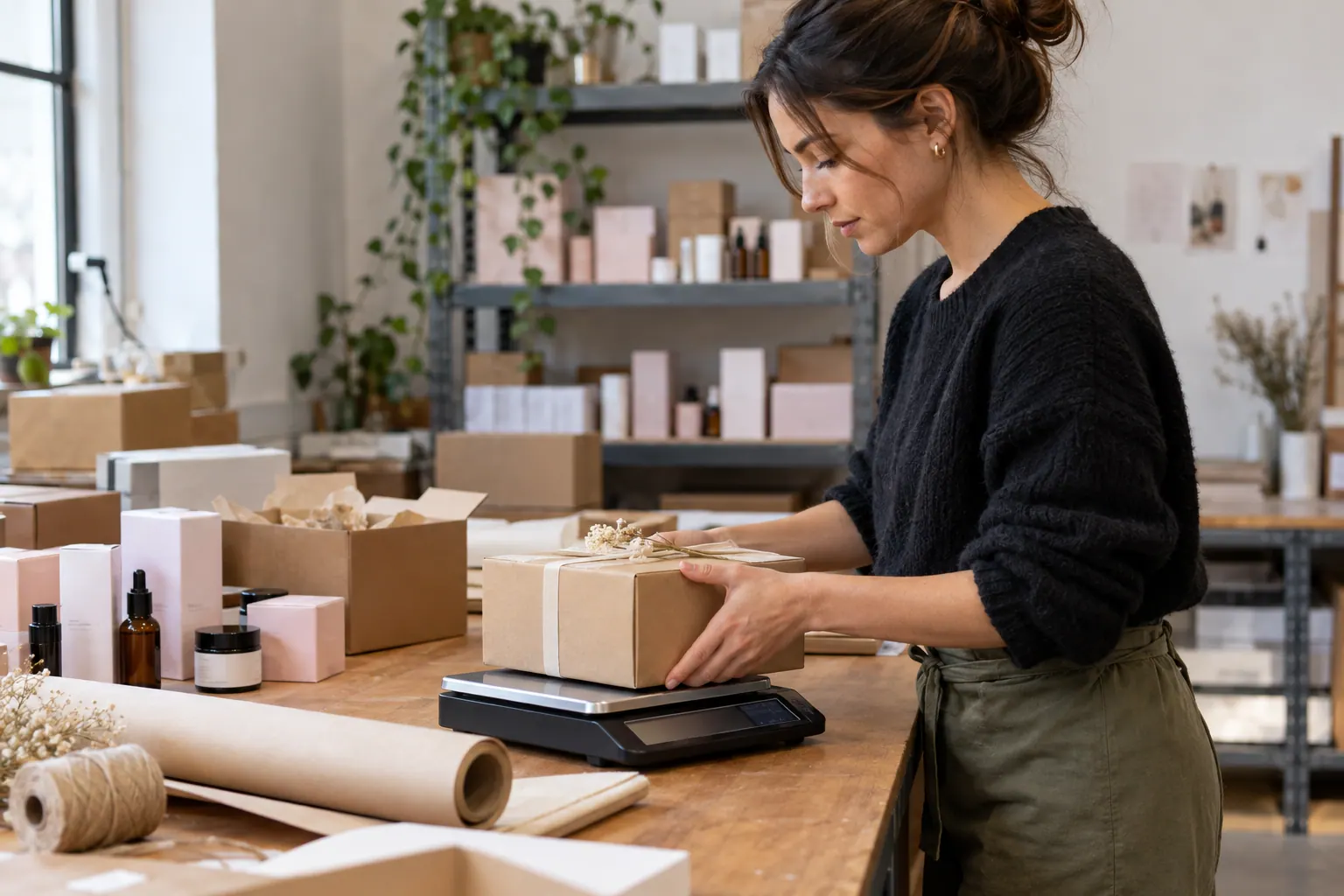 A beauty founder measures the packed dimensions of a gift-kit parcel before shipping.
