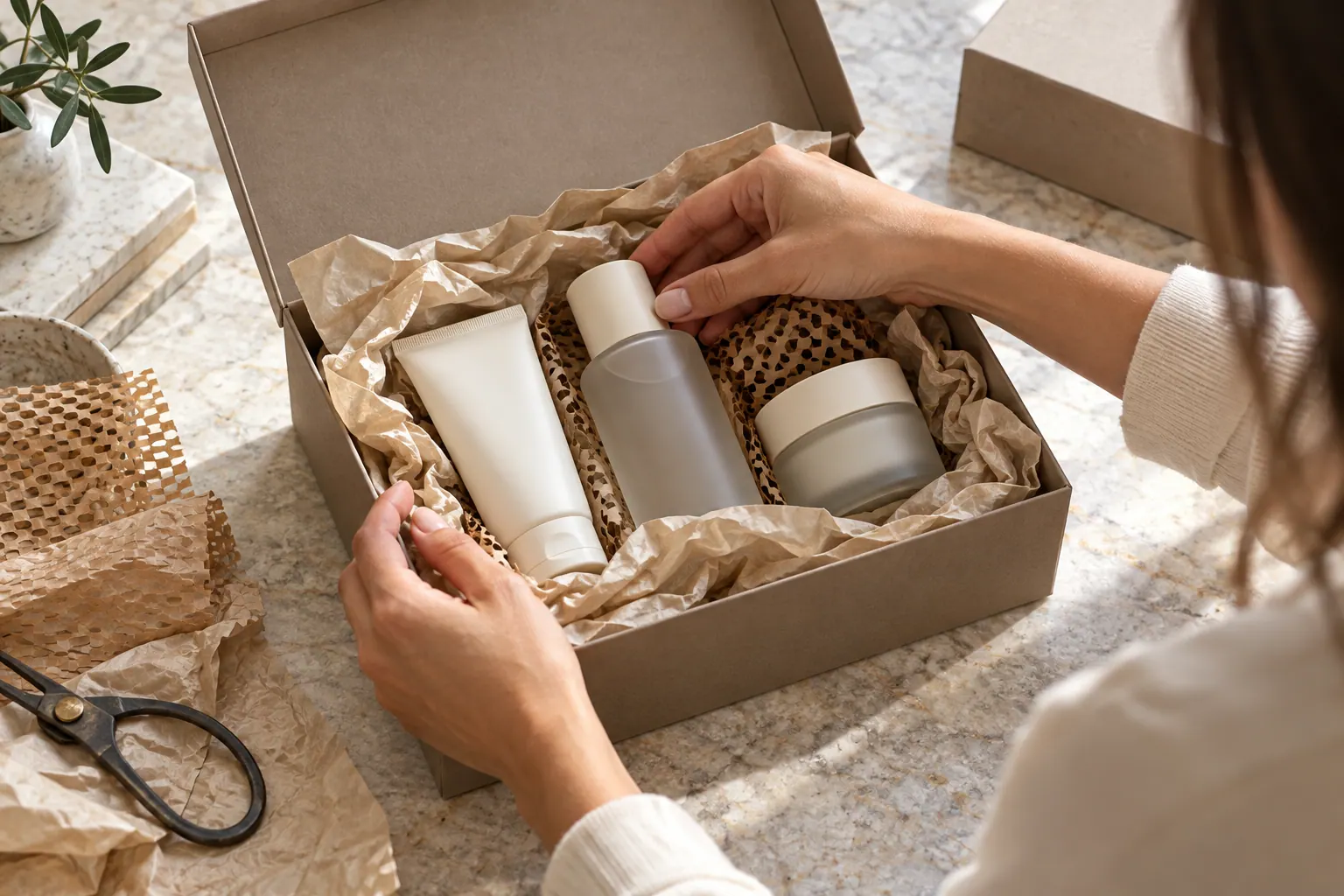 A founder arranges cosmetic products in a gift bag while assembling a kit.