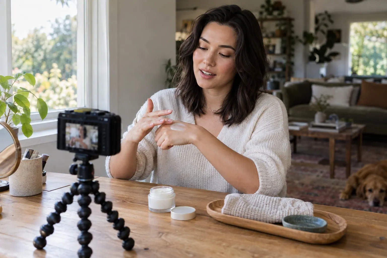 A beauty founder records a moisturizer demonstration at home in natural window light.