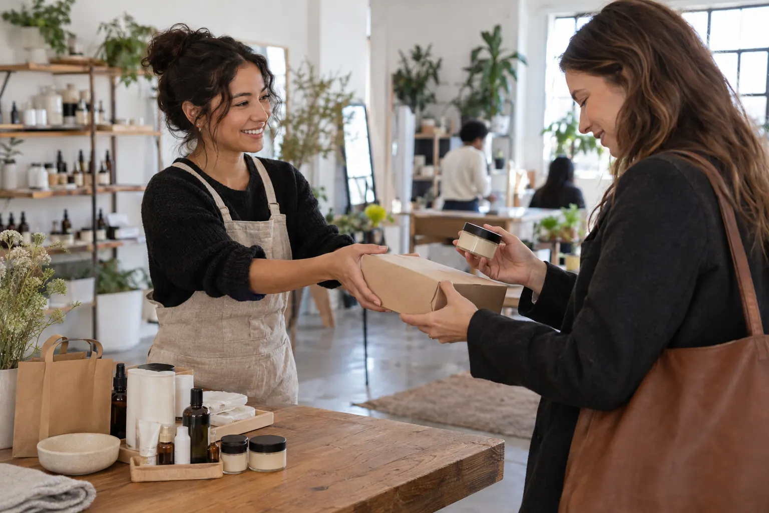 A founder hands a reserved refill order to a returning customer at a community pickup table.