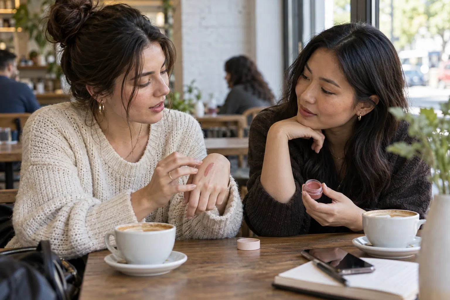 Two beauty creators compare a tinted balm during a relaxed café conversation.