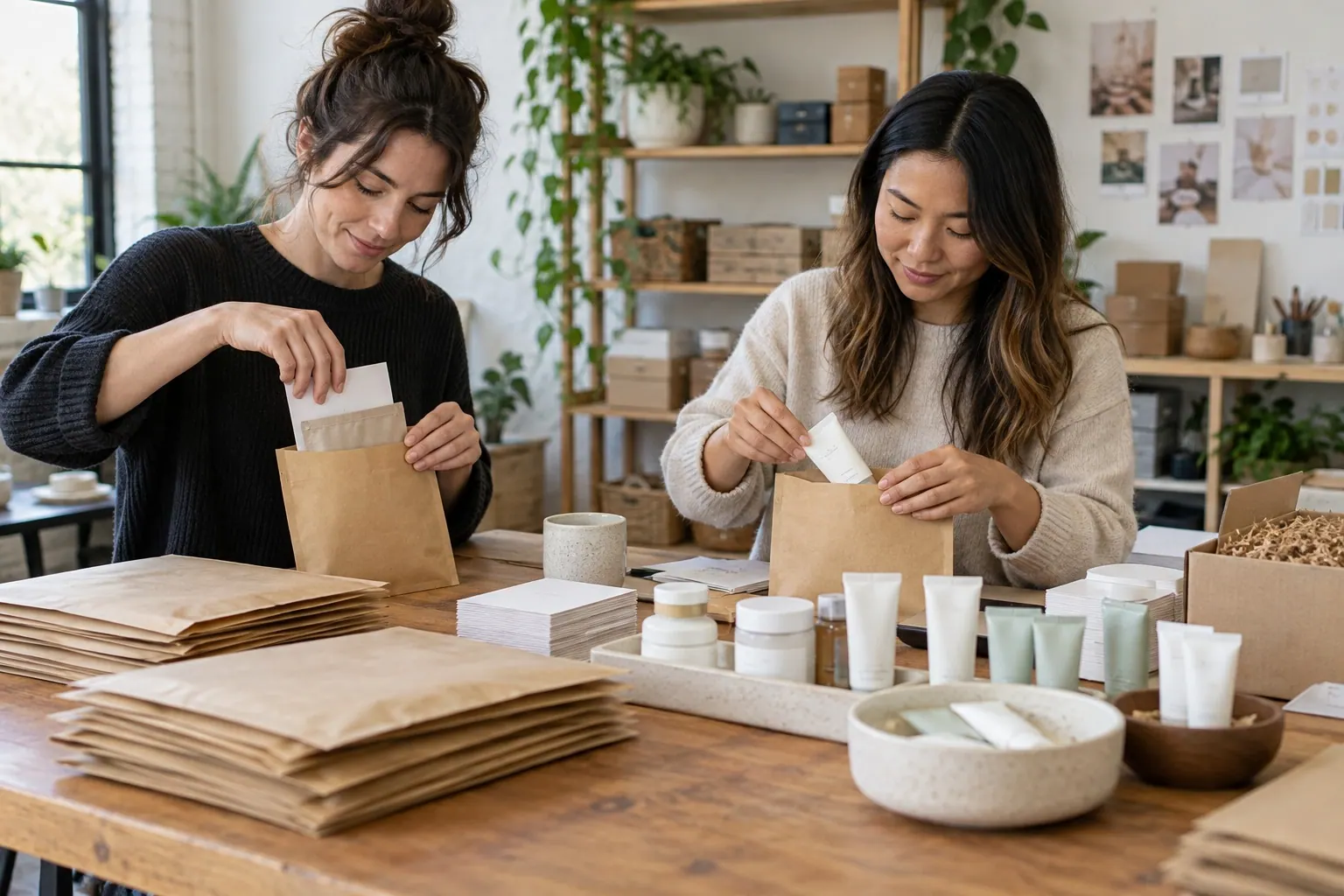 Two colleagues prepare plain beauty sample parcels at a community studio table.