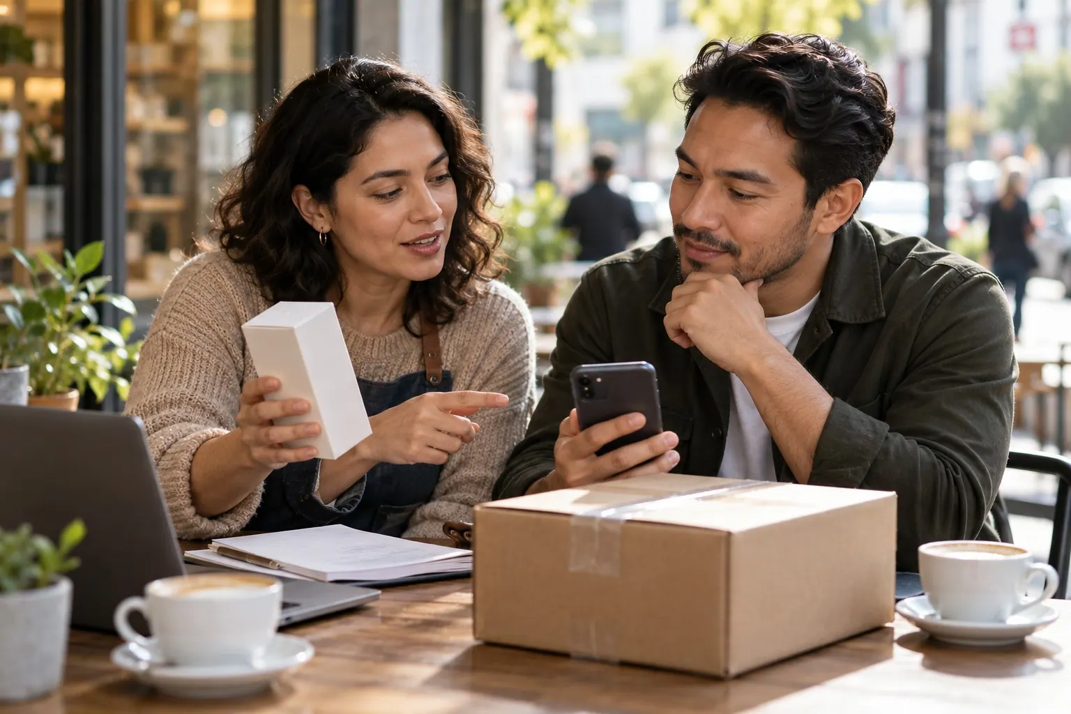 affiliate publisher and local collaborator discussing product language and customer expectations over a phone and parcel