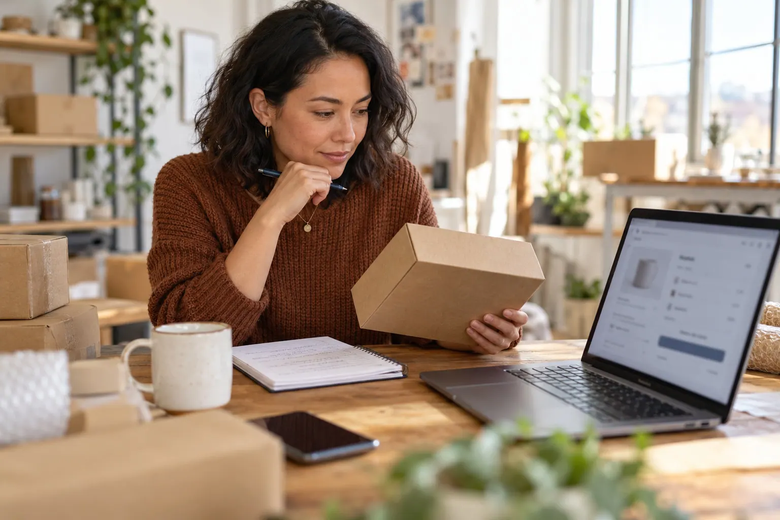 affiliate publisher reviewing an unbranded product, delivery parcel, and checkout before selecting a campaign market