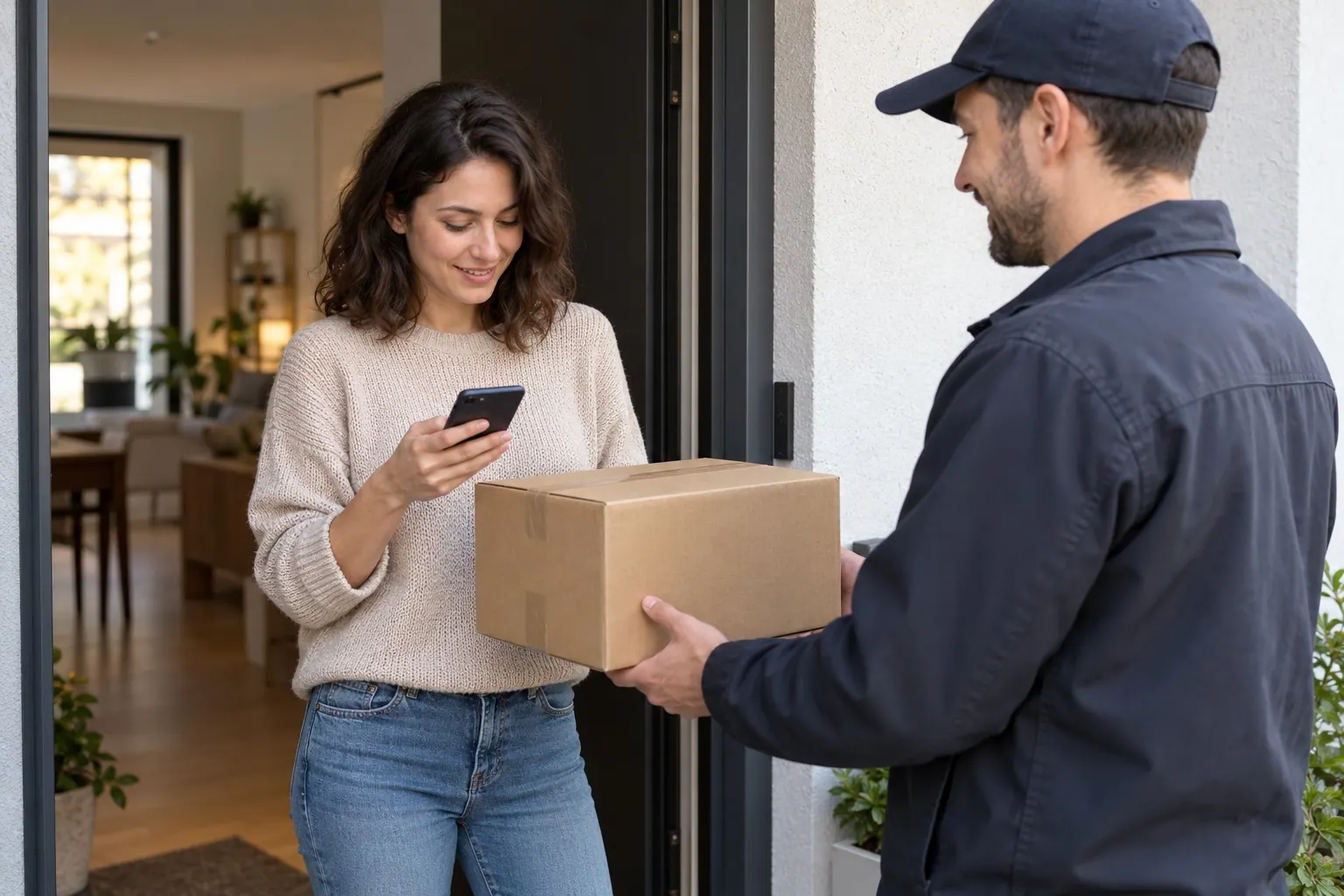 customer receiving a parcel at home and checking a phone during a localized purchase journey
