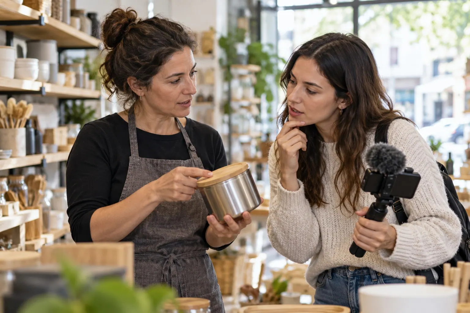 creator examining an unbranded household product with a local shop owner