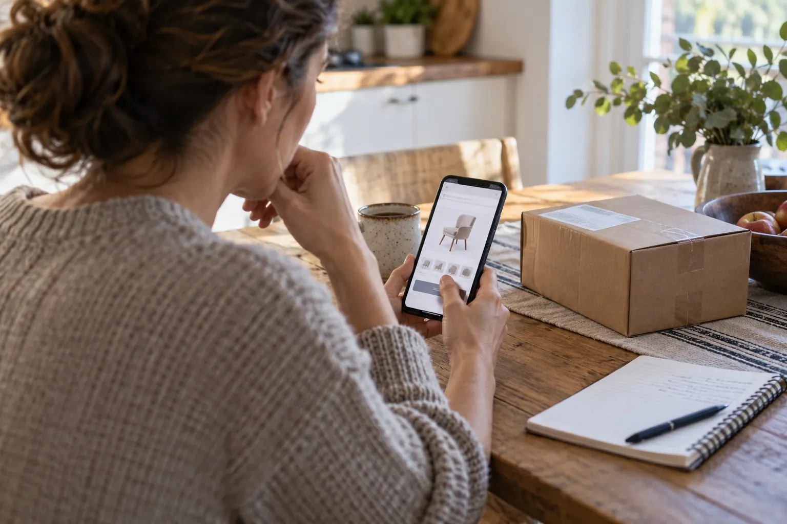 customer carefully reviewing a product page on a smartphone before deciding
