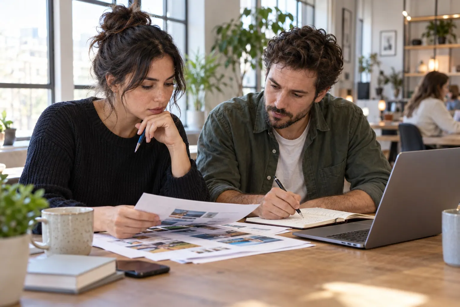 two independent publishers comparing affiliate campaign details and taking notes