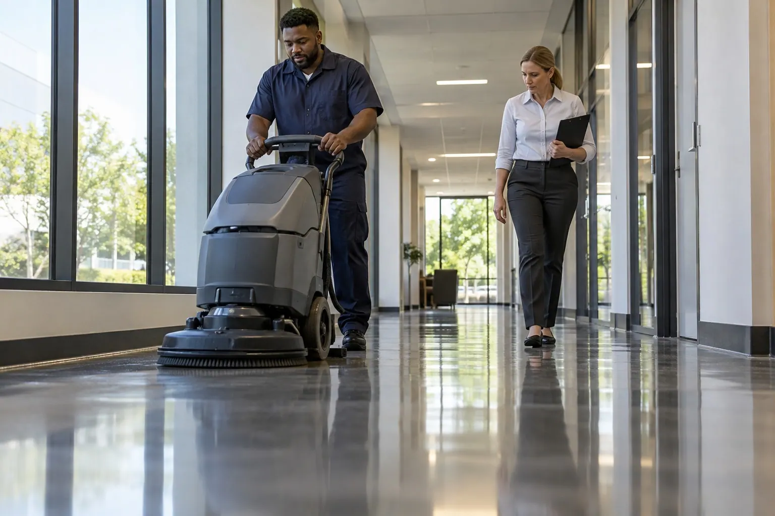 A facilities worker operates a floor scrubber in an office corridor as a building supervisor checks the result.