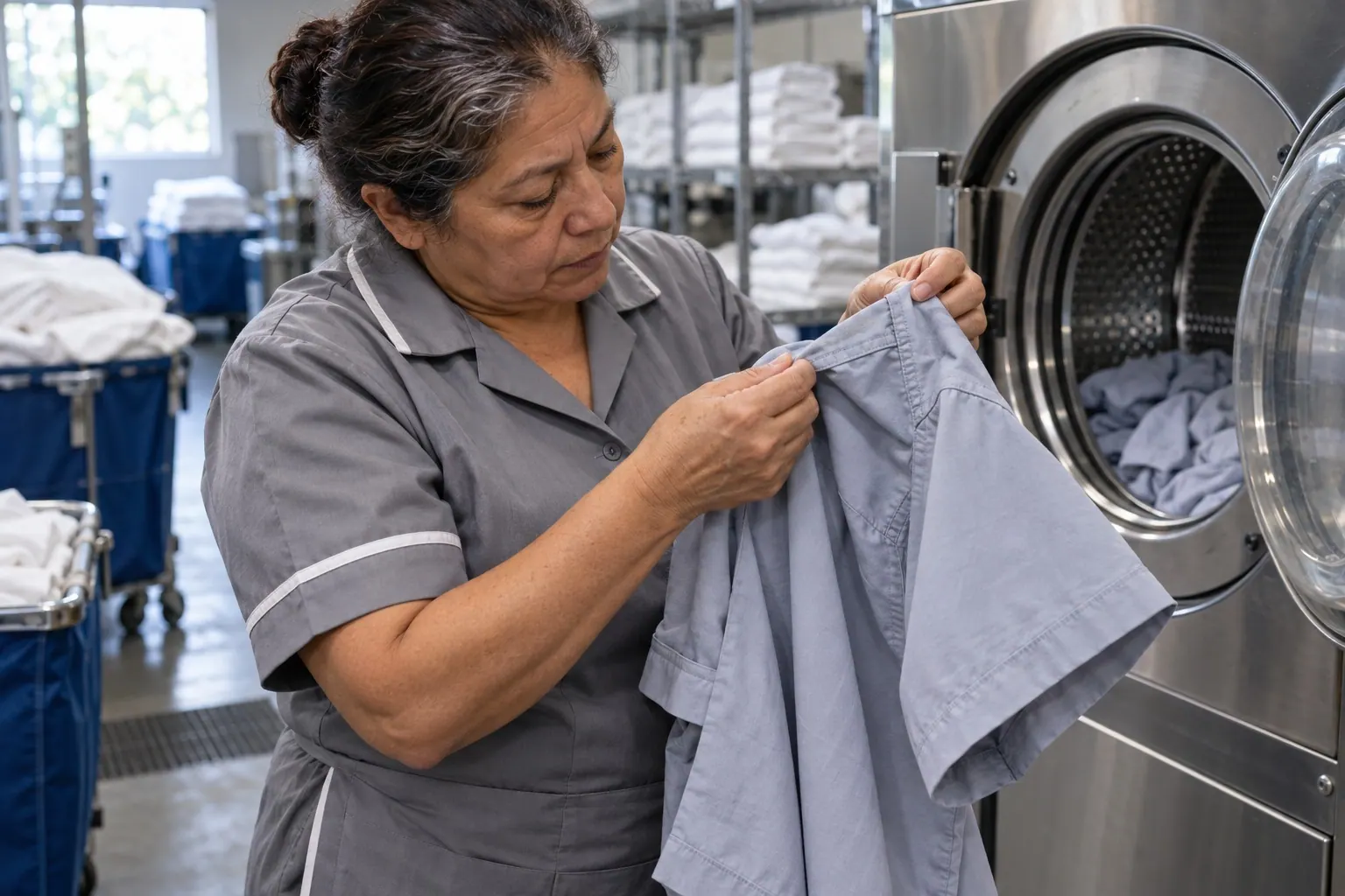 A housekeeping worker inspects a freshly washed uniform shirt beside an open commercial washer.