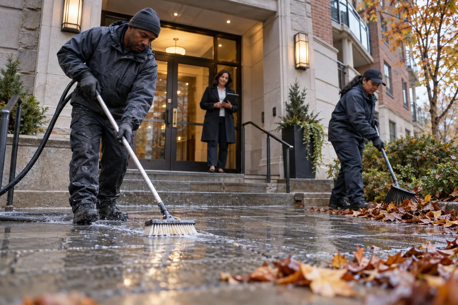 Two property-service workers clear and wash an apartment entrance while a manager observes from the doorway.