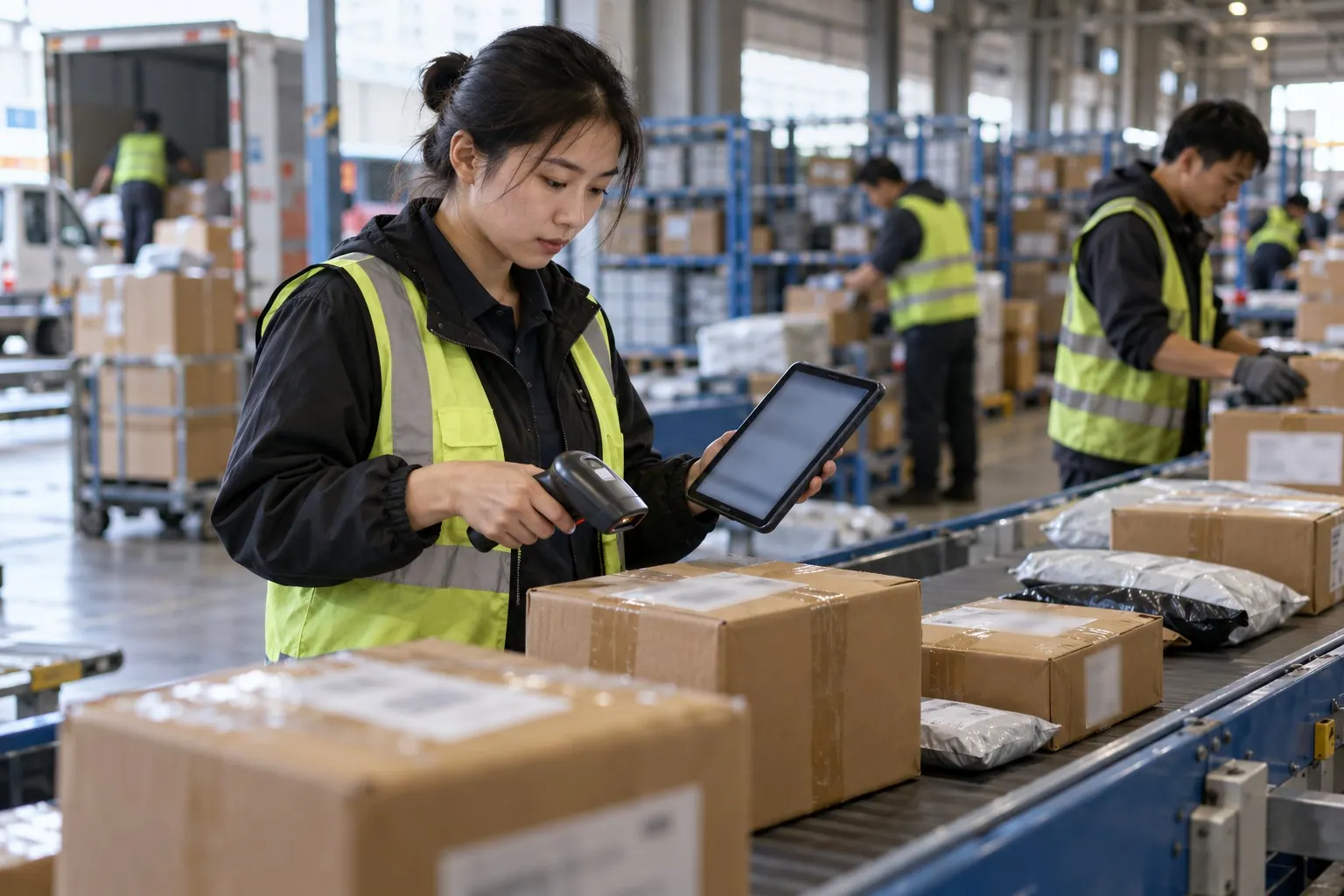 A depot coordinator scans parcels and checks a blurred tablet as the team reconciles COD delivery events.