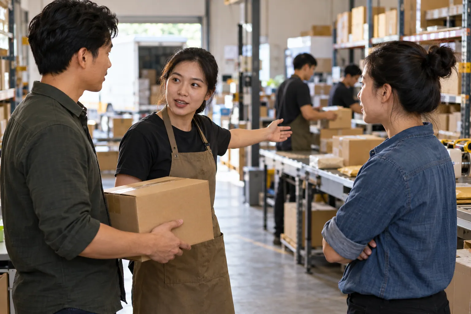 A small operations team discusses launch readiness beside a parcel dispatch workspace.