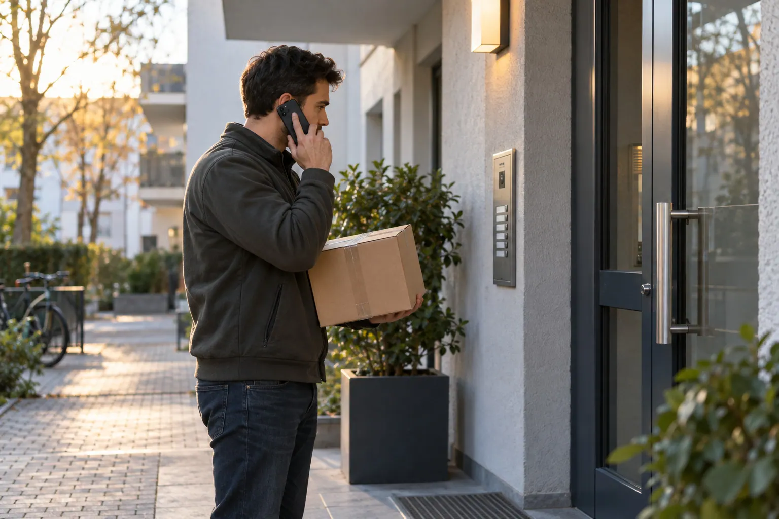 A courier waits outside an apartment entrance with a parcel while calling about an unsuccessful delivery attempt.