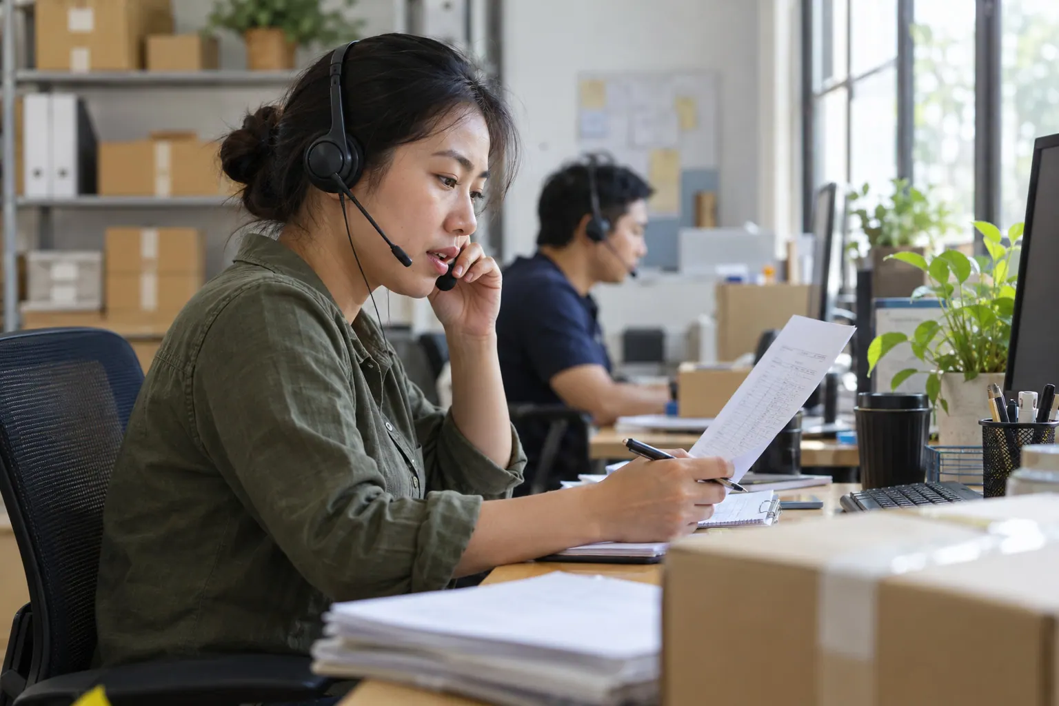 A customer-service representative speaks with a COD customer while checking an order sheet during an order-confirmation call.