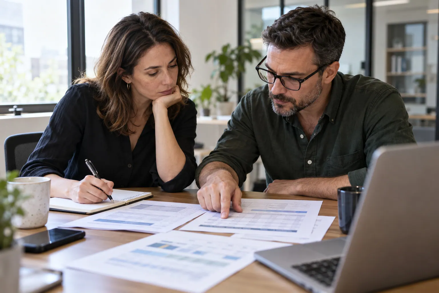 Two affiliate operators compare campaign status sheets and review a blurred laptop report after a mature cohort is reconciled.
