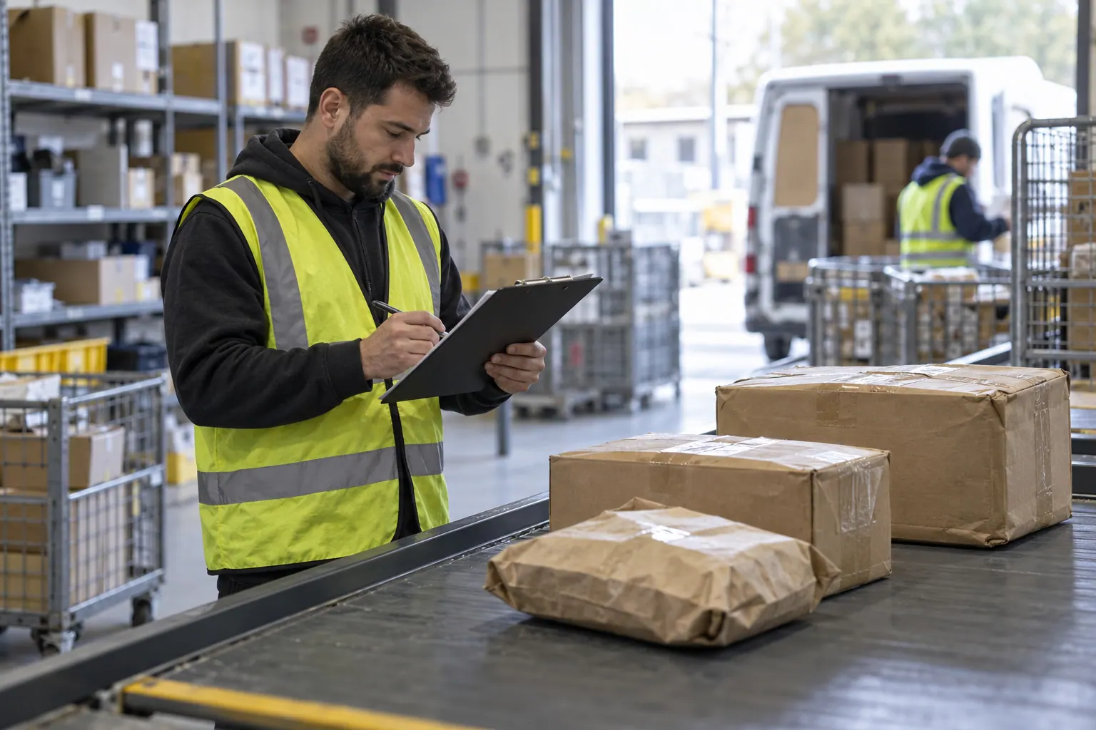 A fulfillment worker reviews a clipboard beside parcels on a depot sorting bench while checking delivery-related costs.
