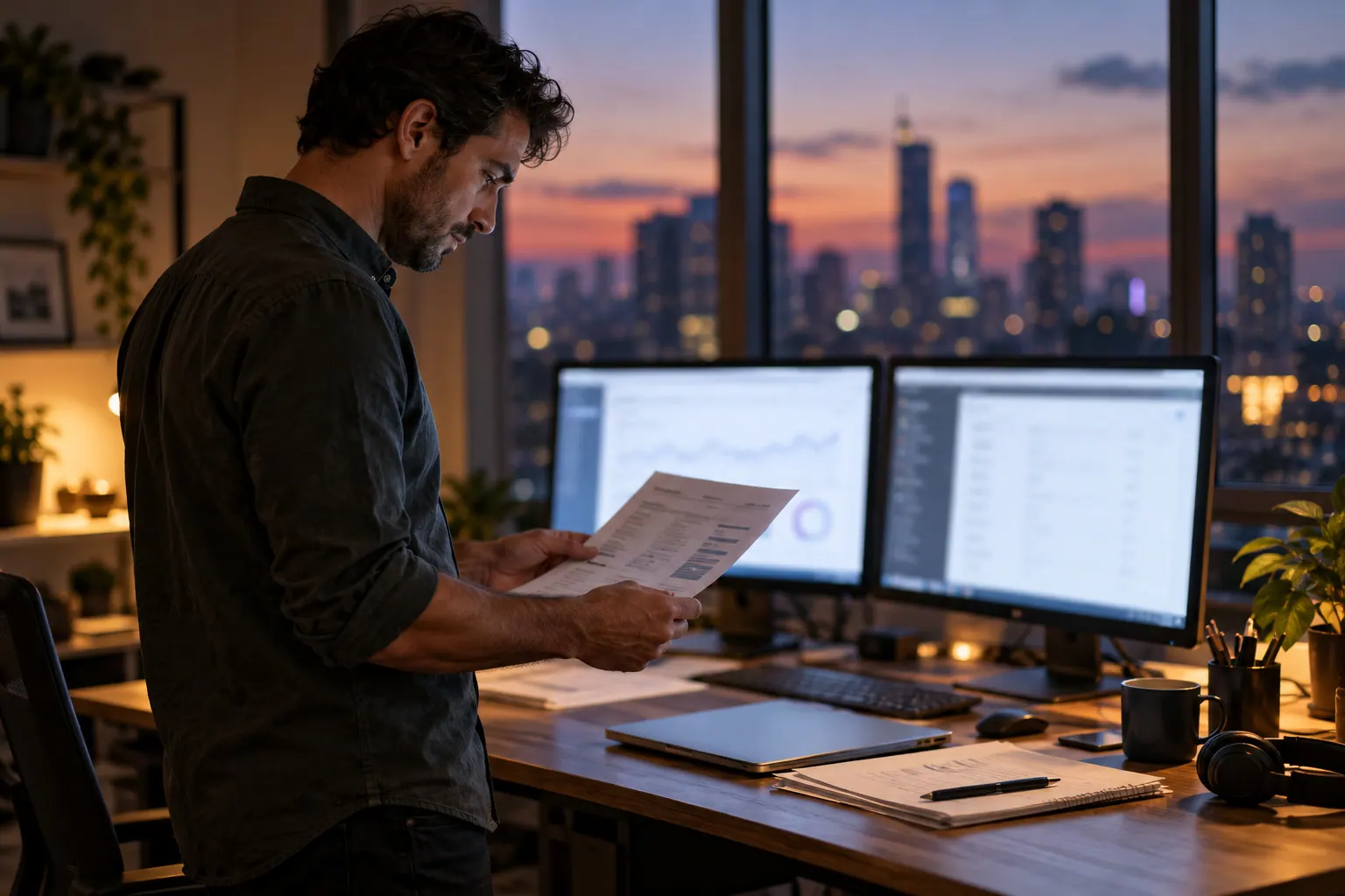 An independent media buyer compares a campaign report with blurred monitors in a small operations room at dusk.