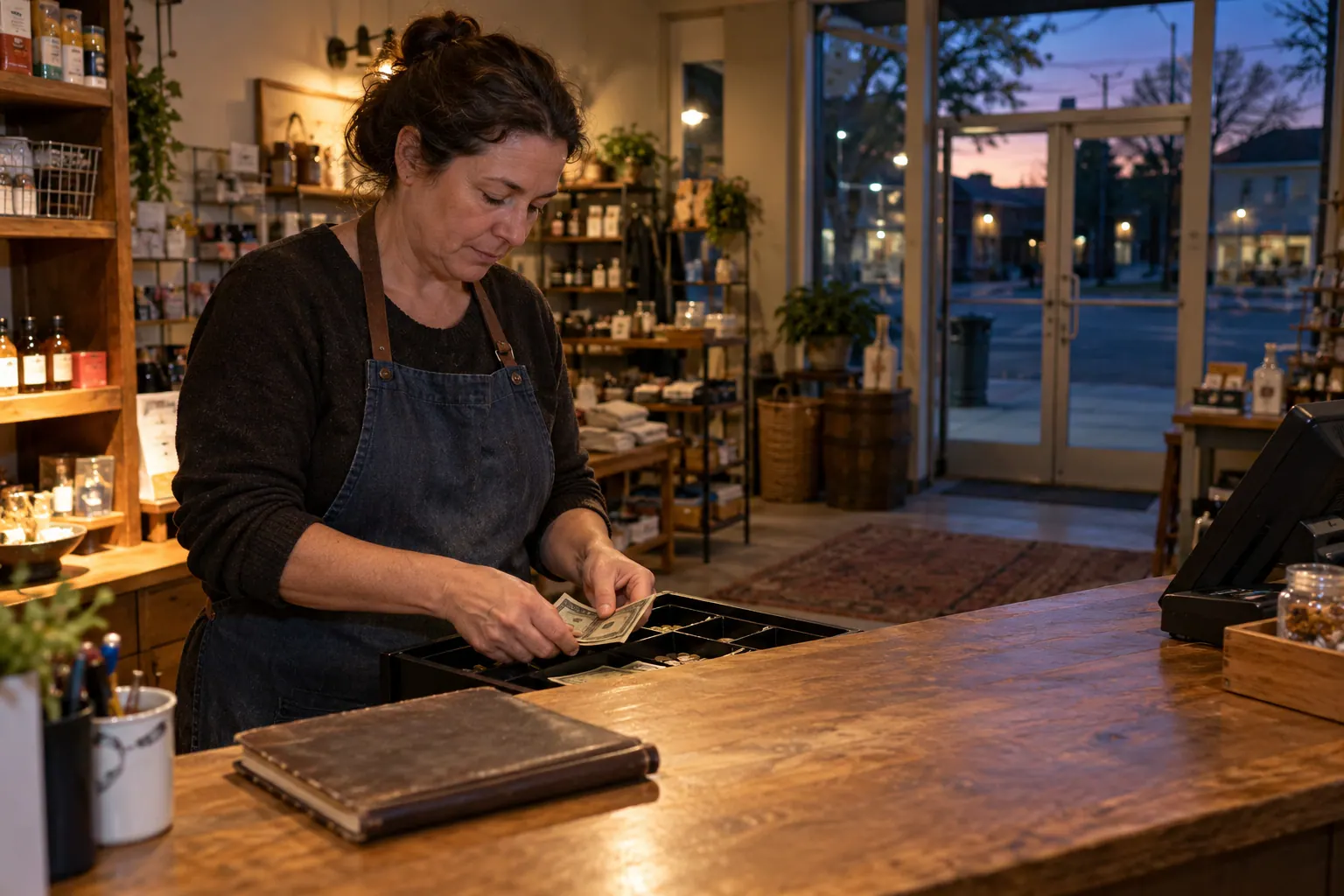 A shop owner reconciles a small cash drawer at the counter at closing time.