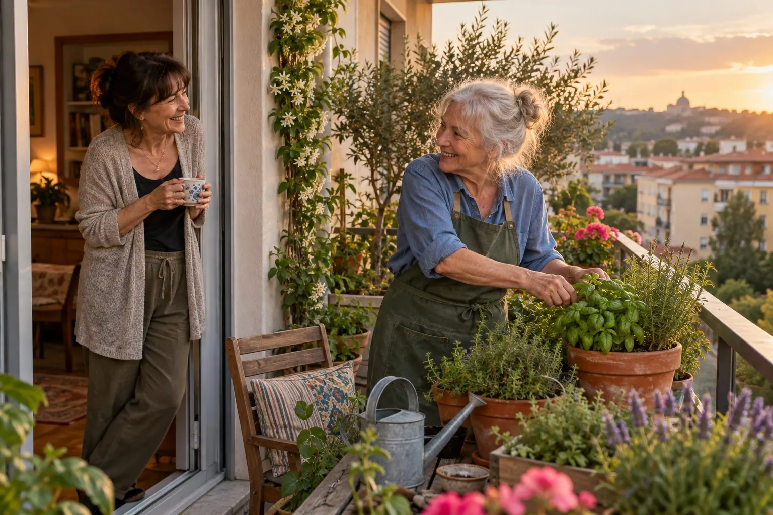 An older adult tends herbs on a sunny balcony while a neighbor chats nearby.