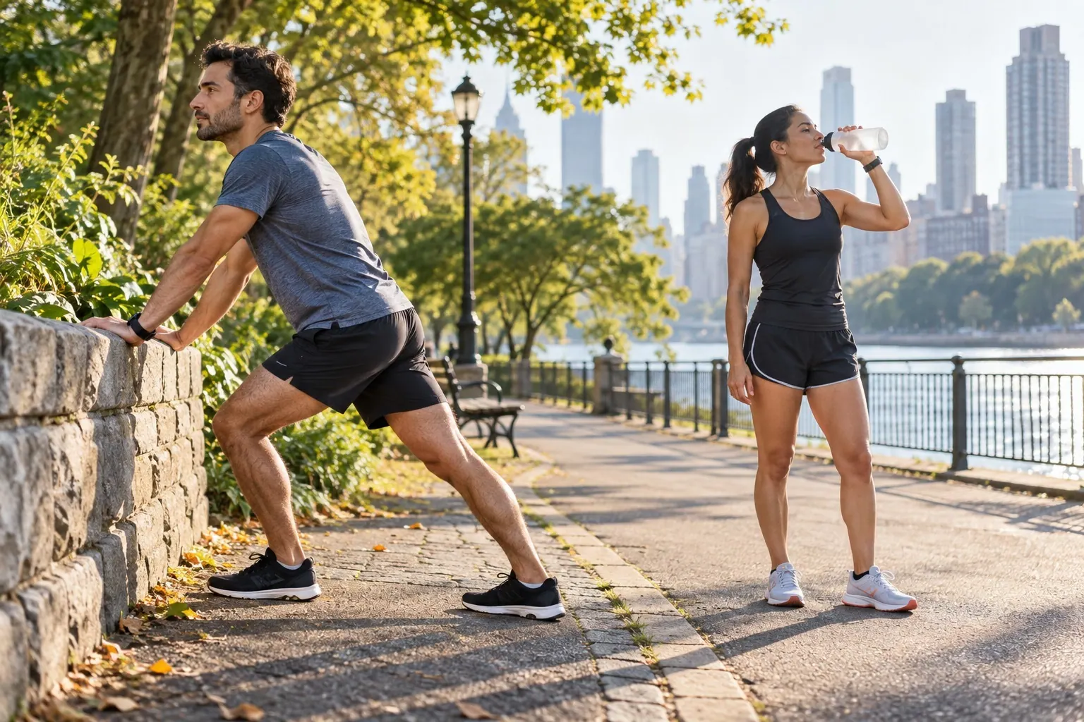 Two recreational runners pause beside a park path after a morning run.