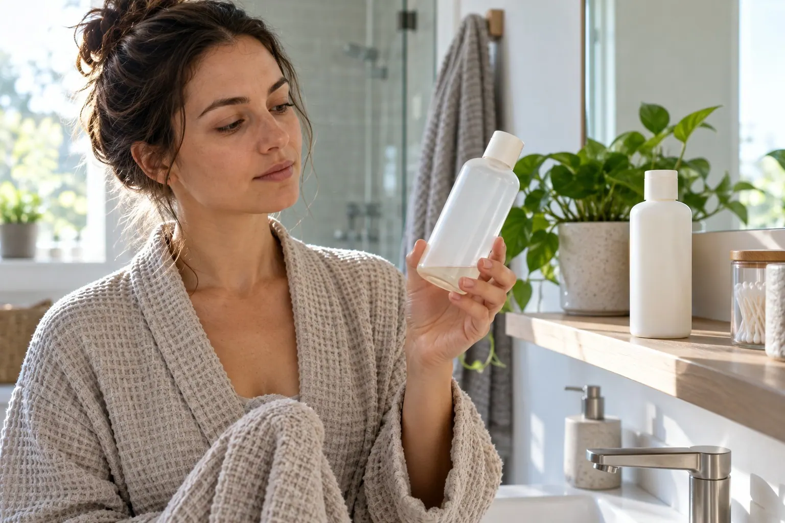 A home user checks a nearly empty, unbranded personal-care bottle beside a replacement product on a bathroom shelf.