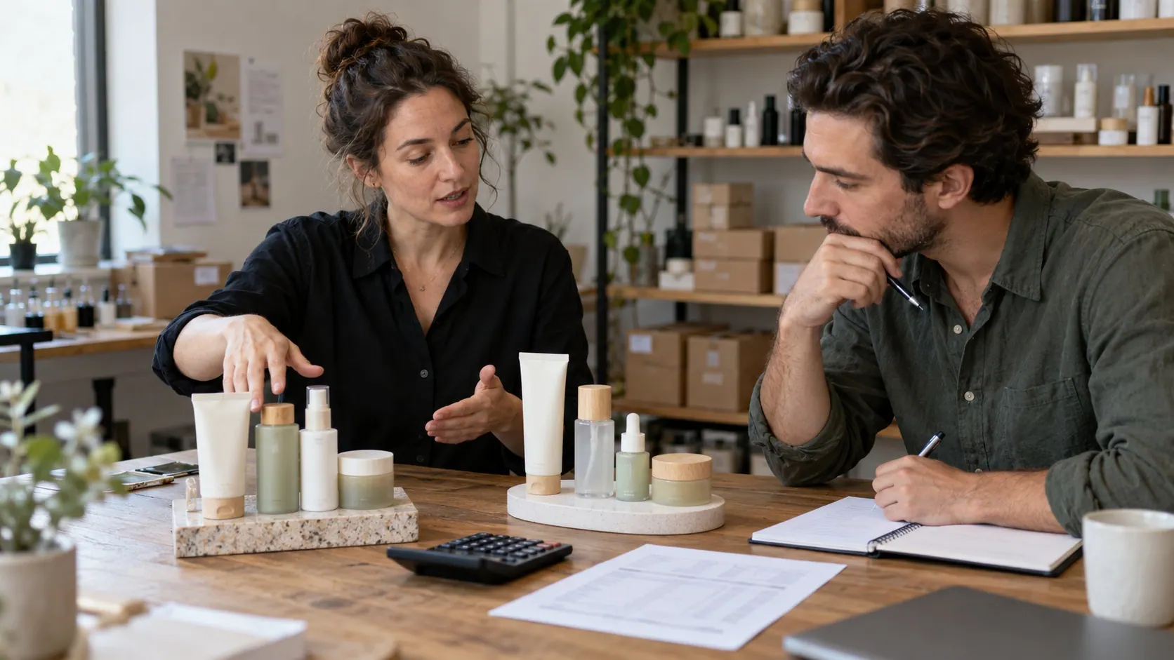 A skincare brand owner and an affiliate publisher compare unbranded product bundles beside an order summary and calculator.