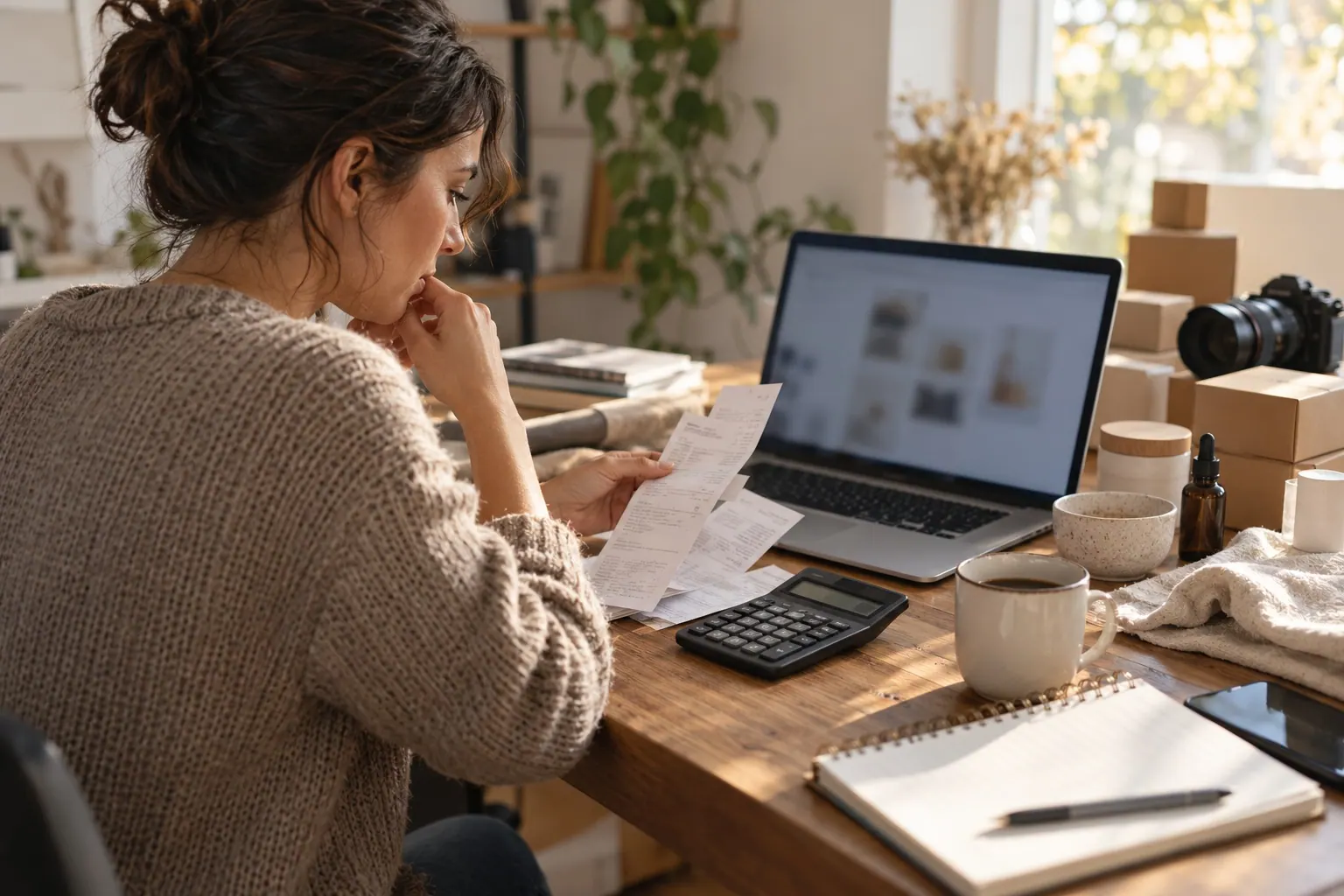 A small independent digital publisher reviews campaign expenses and content production costs at a laptop, with a calculator and unbranded product photography props on the desk.