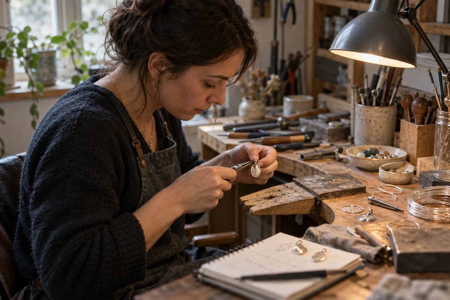A jewelry maker practices shaping a silver pendant alone at a compact studio workbench.