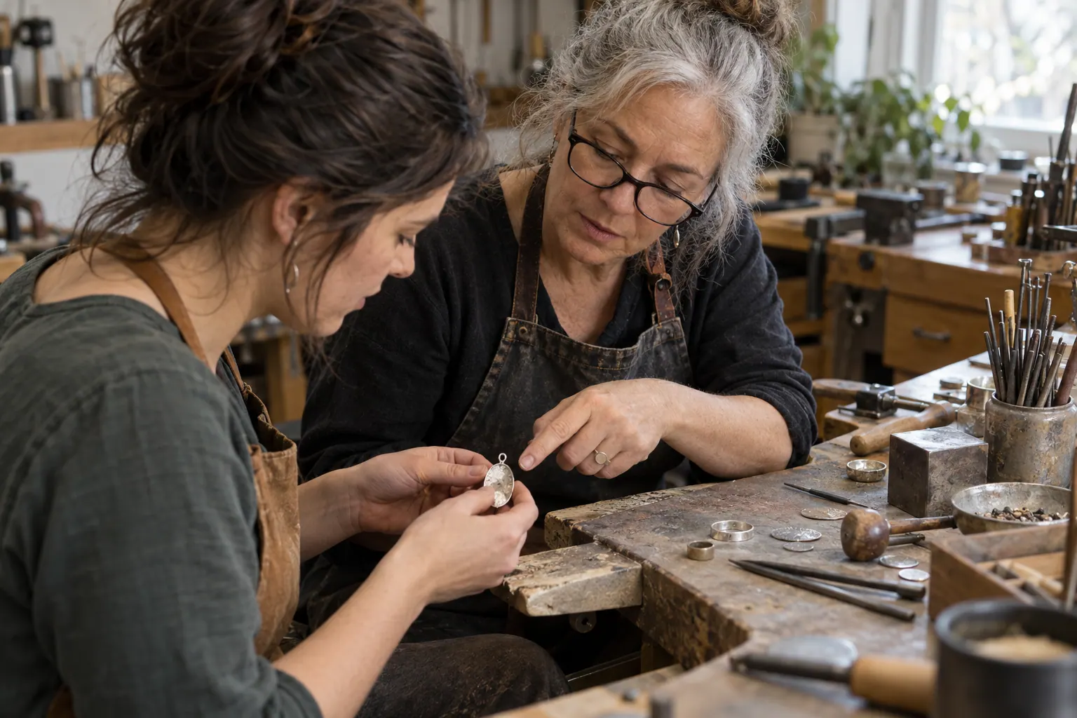 A jewelry mentor and learner examine an unfinished silver pendant together at a working metalsmith bench.