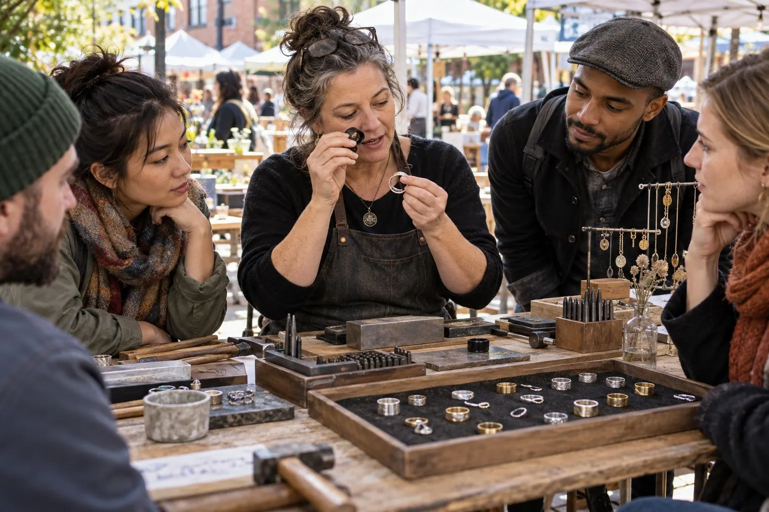 A jewelry teacher guides several learners as they examine handmade metal pieces around a shared workbench.