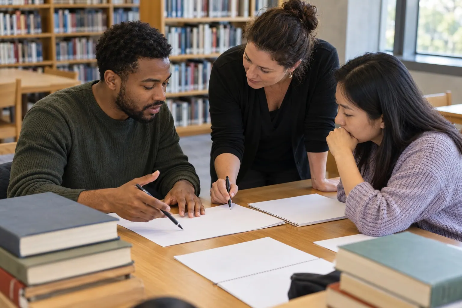 Adult learners review exam practice together with feedback from an instructor.