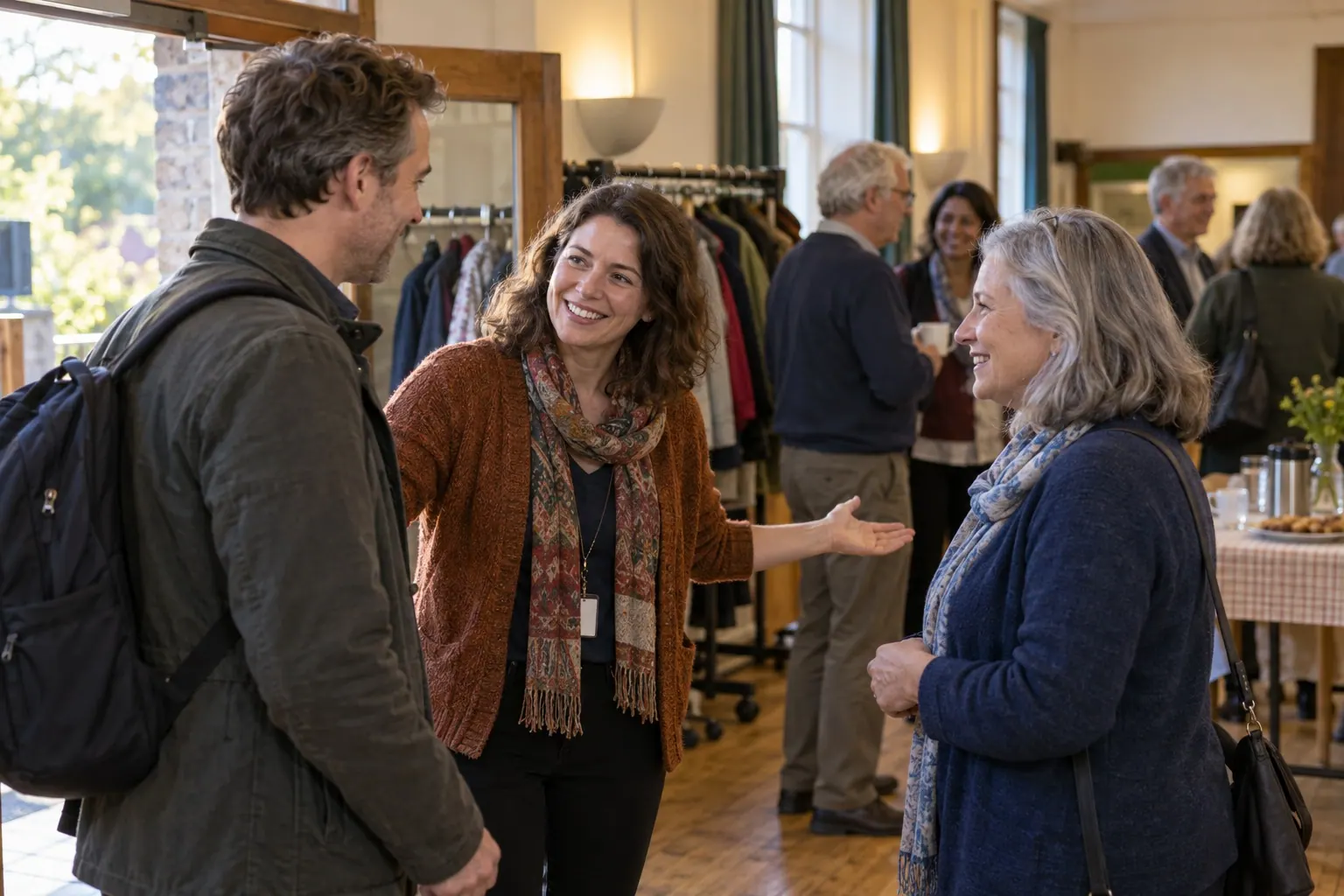 A community host welcomes a new learner and introduces her to another member.