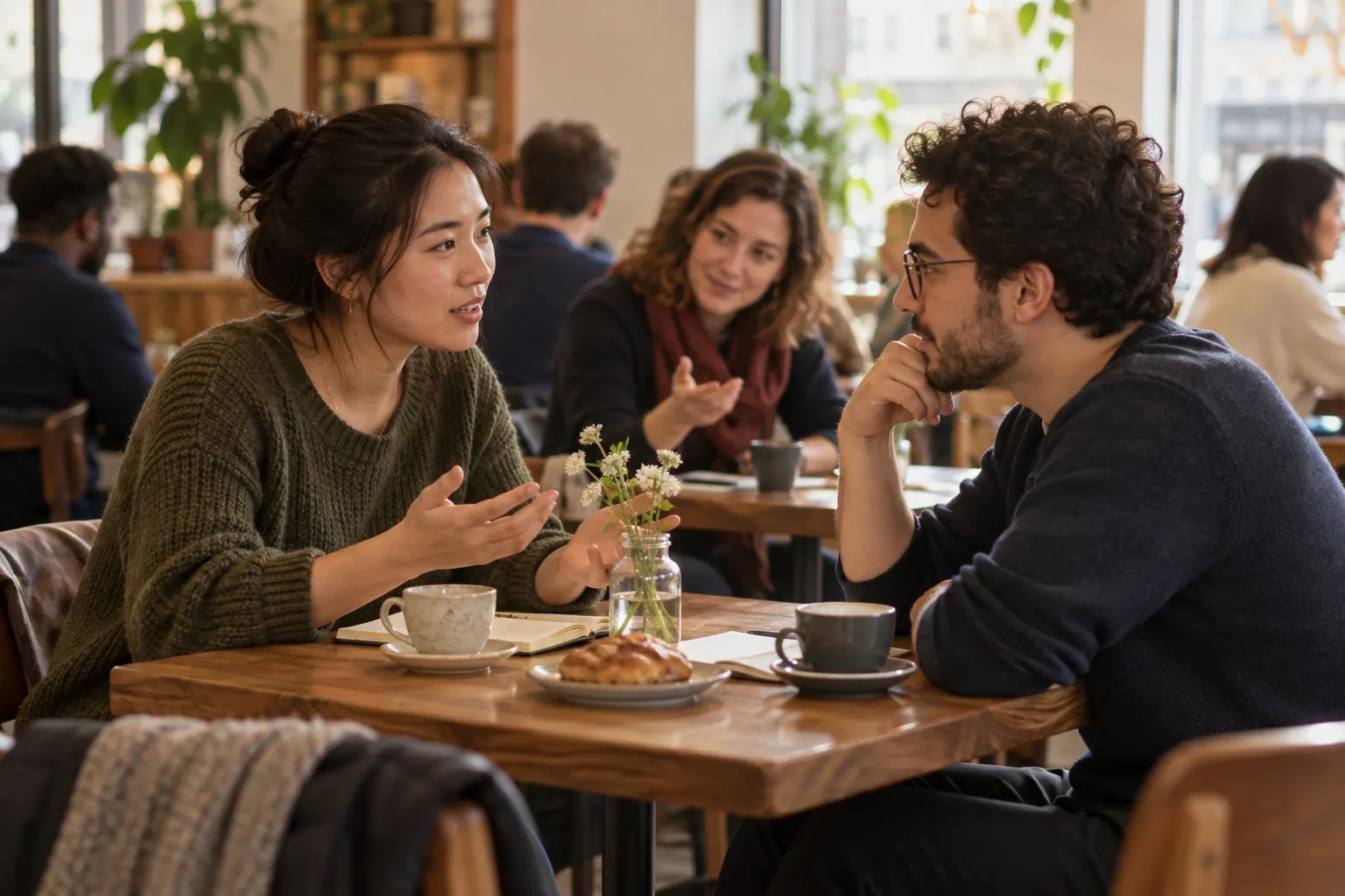 Two adult language learners practice conversation in a neighborhood learning café.
