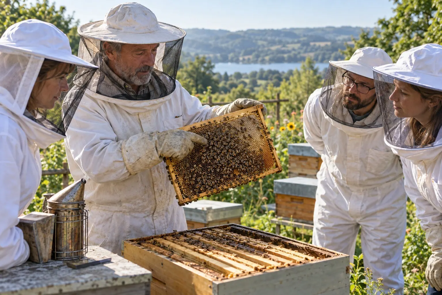 A beekeeper holds up a honeycomb frame for three other beekeepers to inspect in an outdoor apiary.