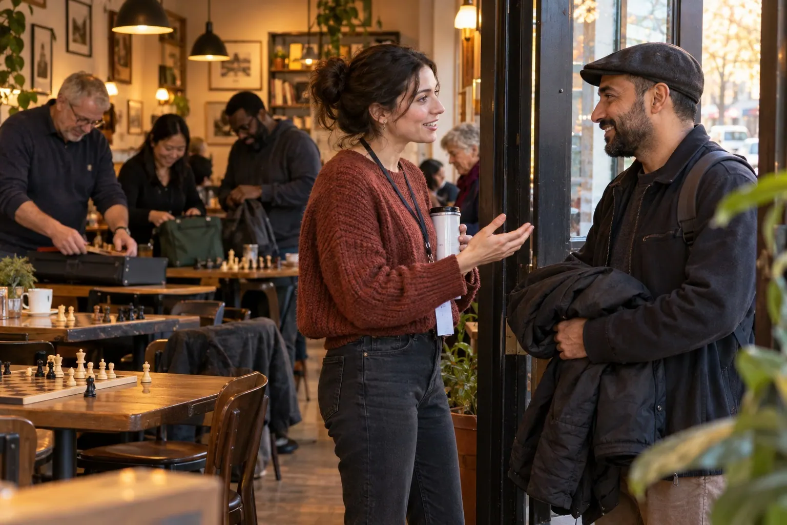 A community host speaks with a newly arrived member at a café while other people gather around a game table behind them.