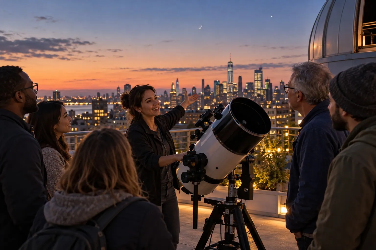 A woman points toward the evening sky as a small group gathers around a telescope on a rooftop.