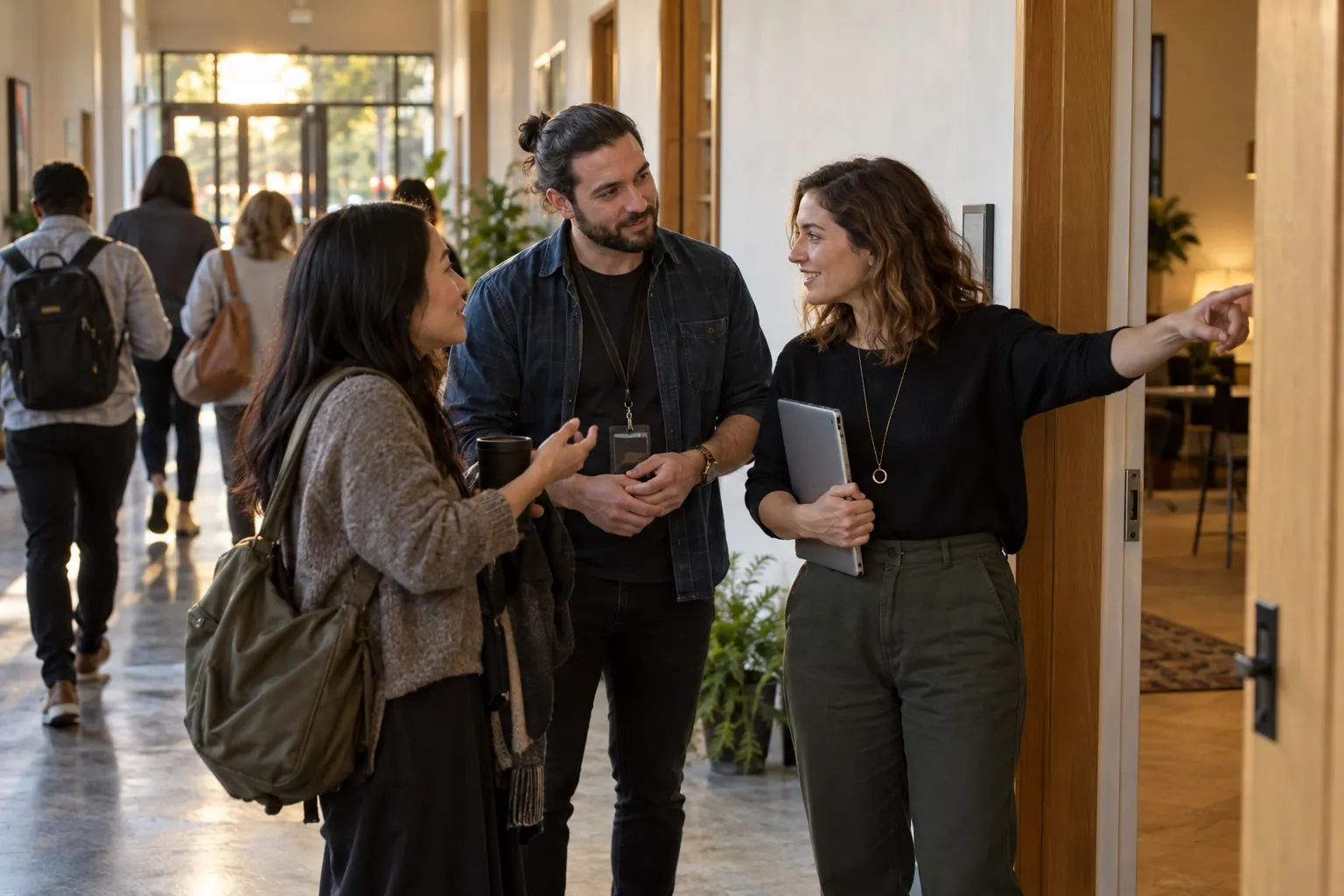 A course host and operator help a participant find the next session after a small-group class.