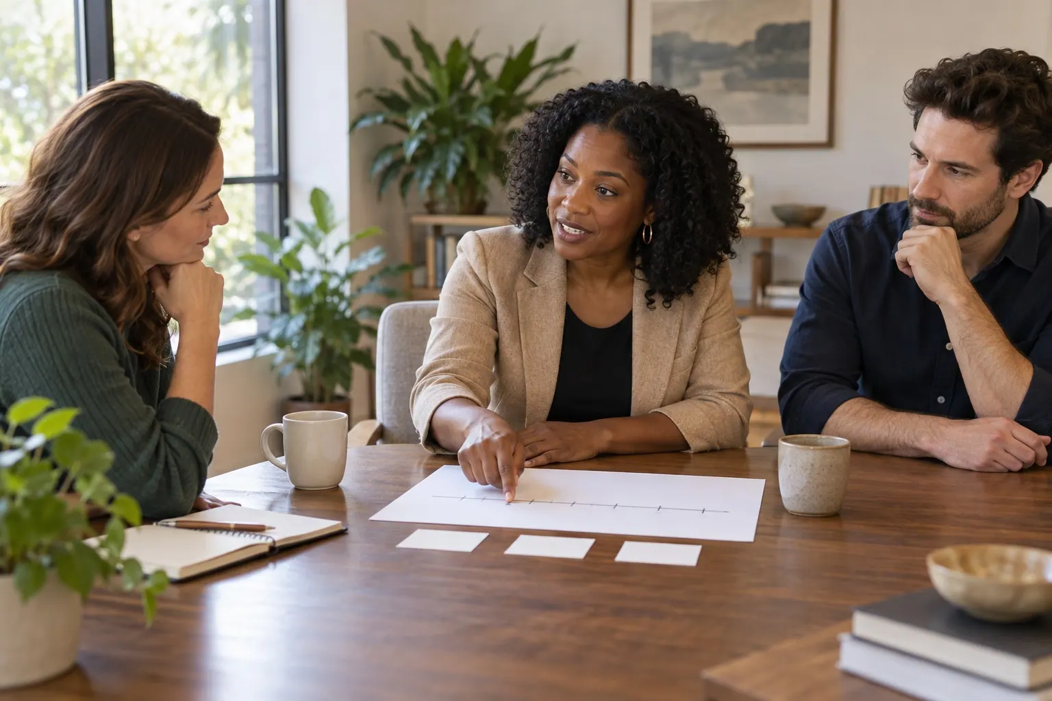 A funnel operator listens while a financial coach explains a planning concept to a client.