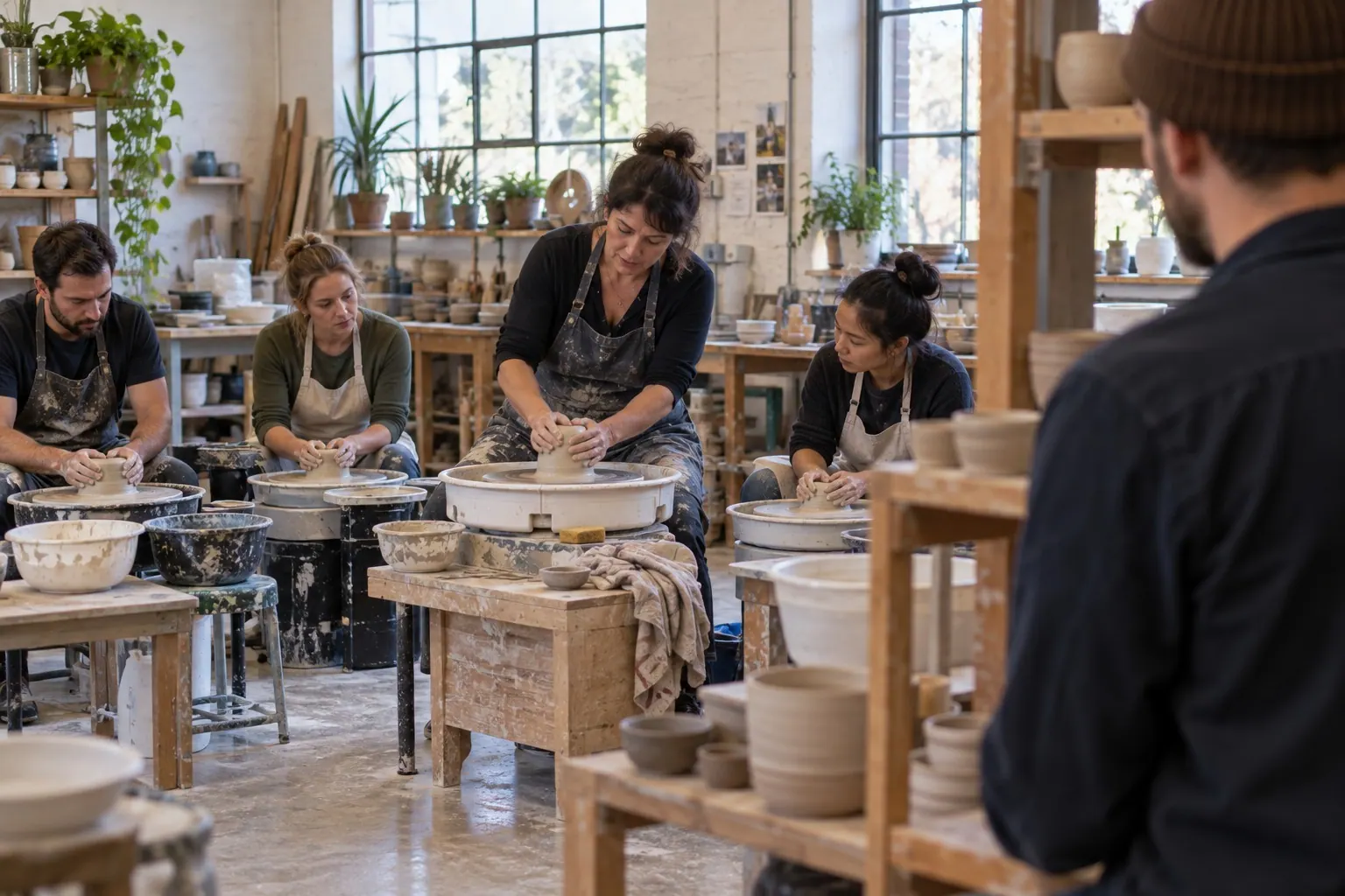 An operator observes a ceramics instructor demonstrate a technique to a small class.