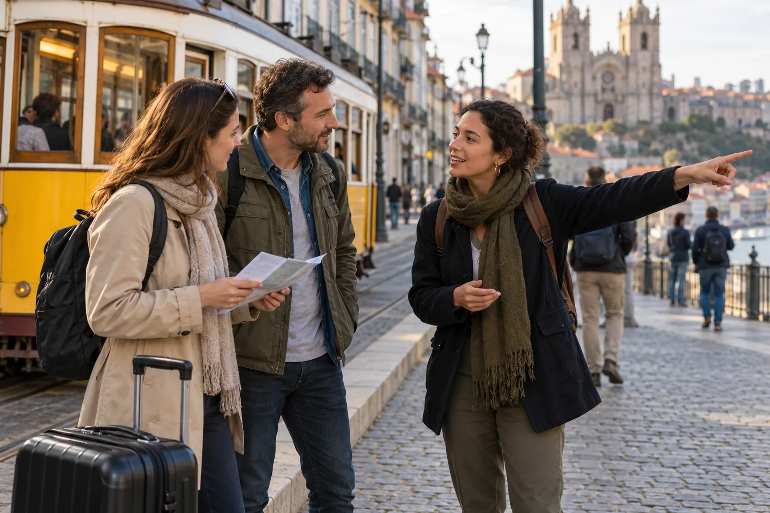 A local guide meets two travelers at a city tram stop and points toward the next part of their itinerary.
