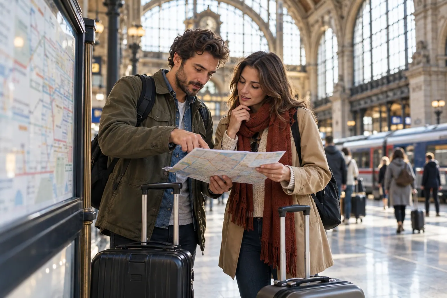 Two travelers check a folded route map and paper itinerary together beside their luggage in a large railway station before making a connection.